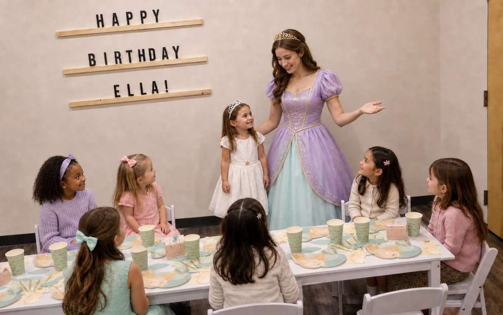 hybrid birthday-party experience combining themed décor and a princess host with a structured table celebration for a young birthday girl.