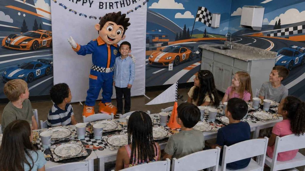 premium birthday-party experience with a dedicated character host posing beside the birthday boy as guests sit at a fully themed room