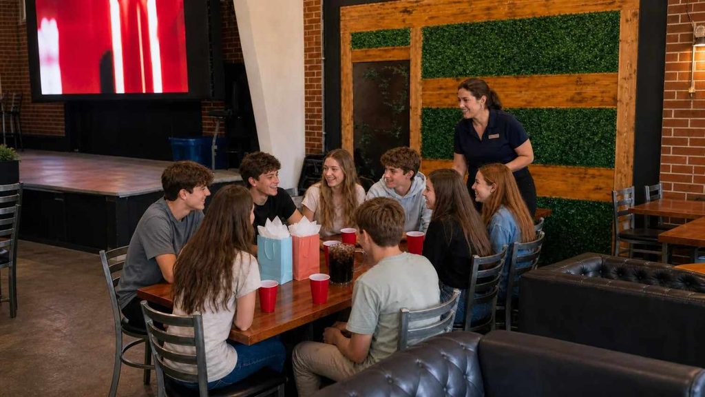 Volume birthday-party model with teenagers sharing a simple group table while a venue host assists.